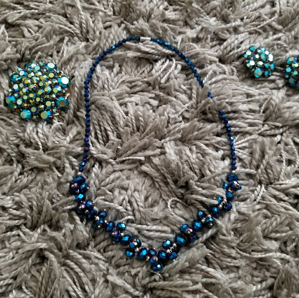 Sparkly Blue Necklace, Earings, and Pin